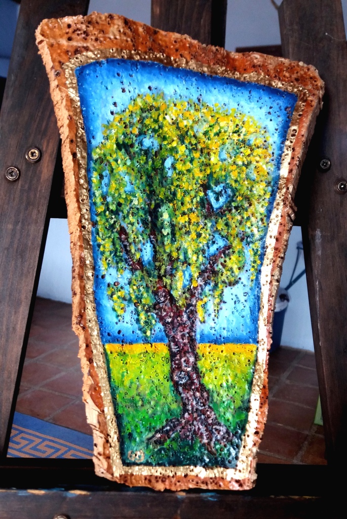 Flowering oak tree painted in oils on cork
